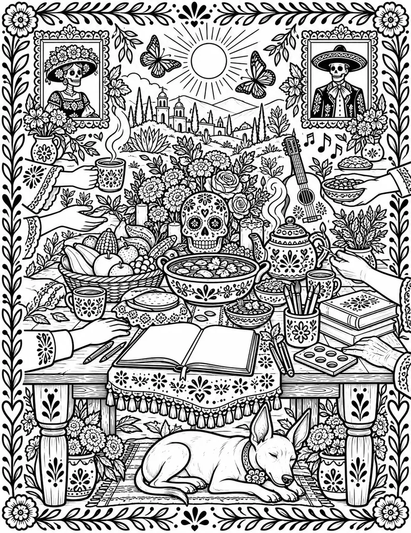Xoloitzcuintli guide dog with a compass, butterflies, flowers, and taza de barro